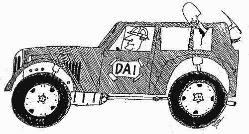 Karikatur: Im DAI-Fahrzeug unterwegs